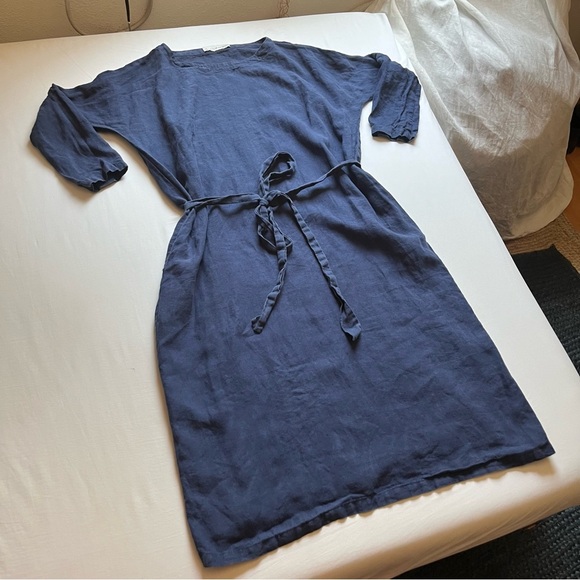 LOVE AND CONFUSE blue linen boat neck long sleeve belted midi dress